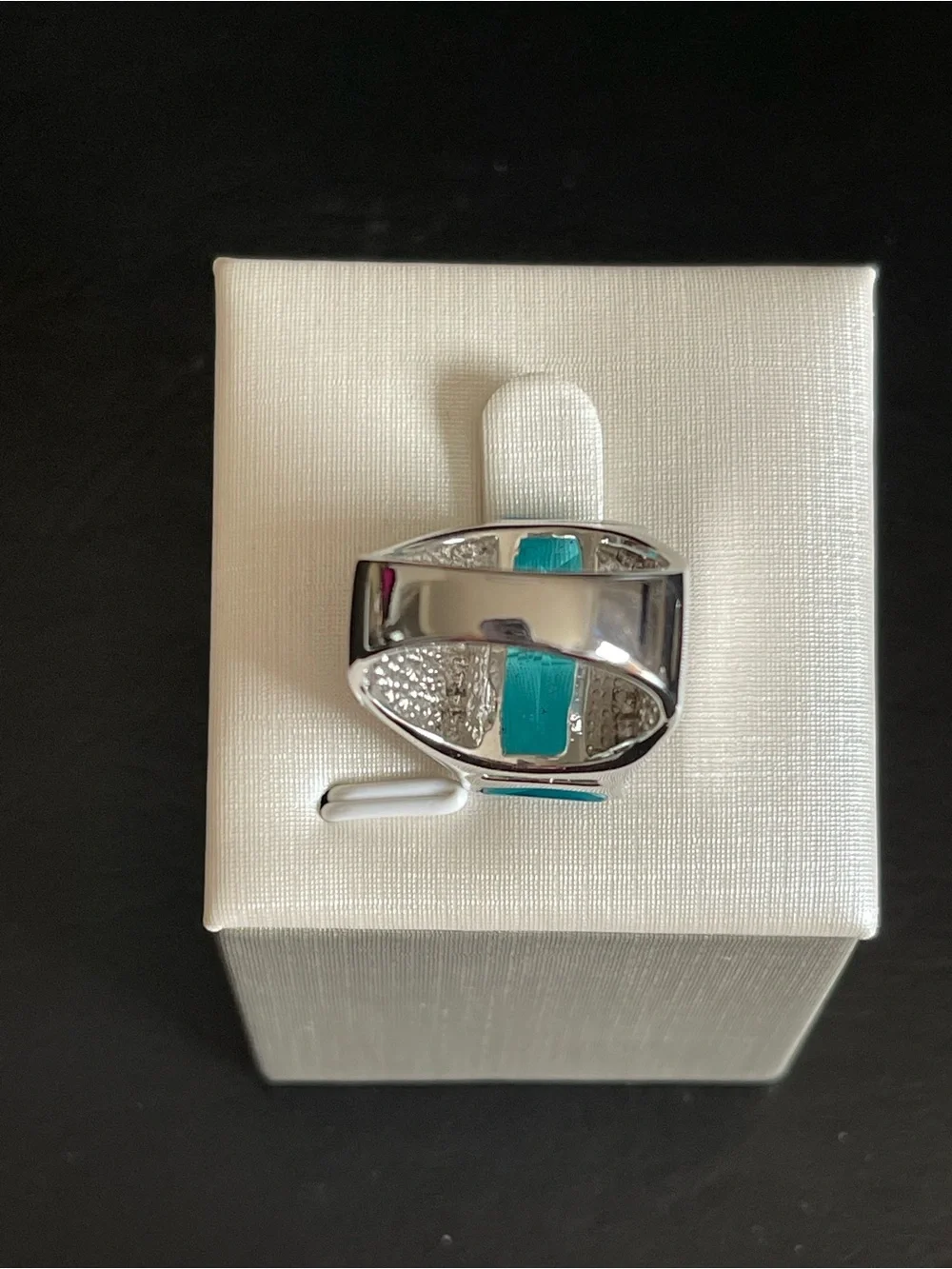 Silver plated Rectangular Teal crystal Cocktail Ring.